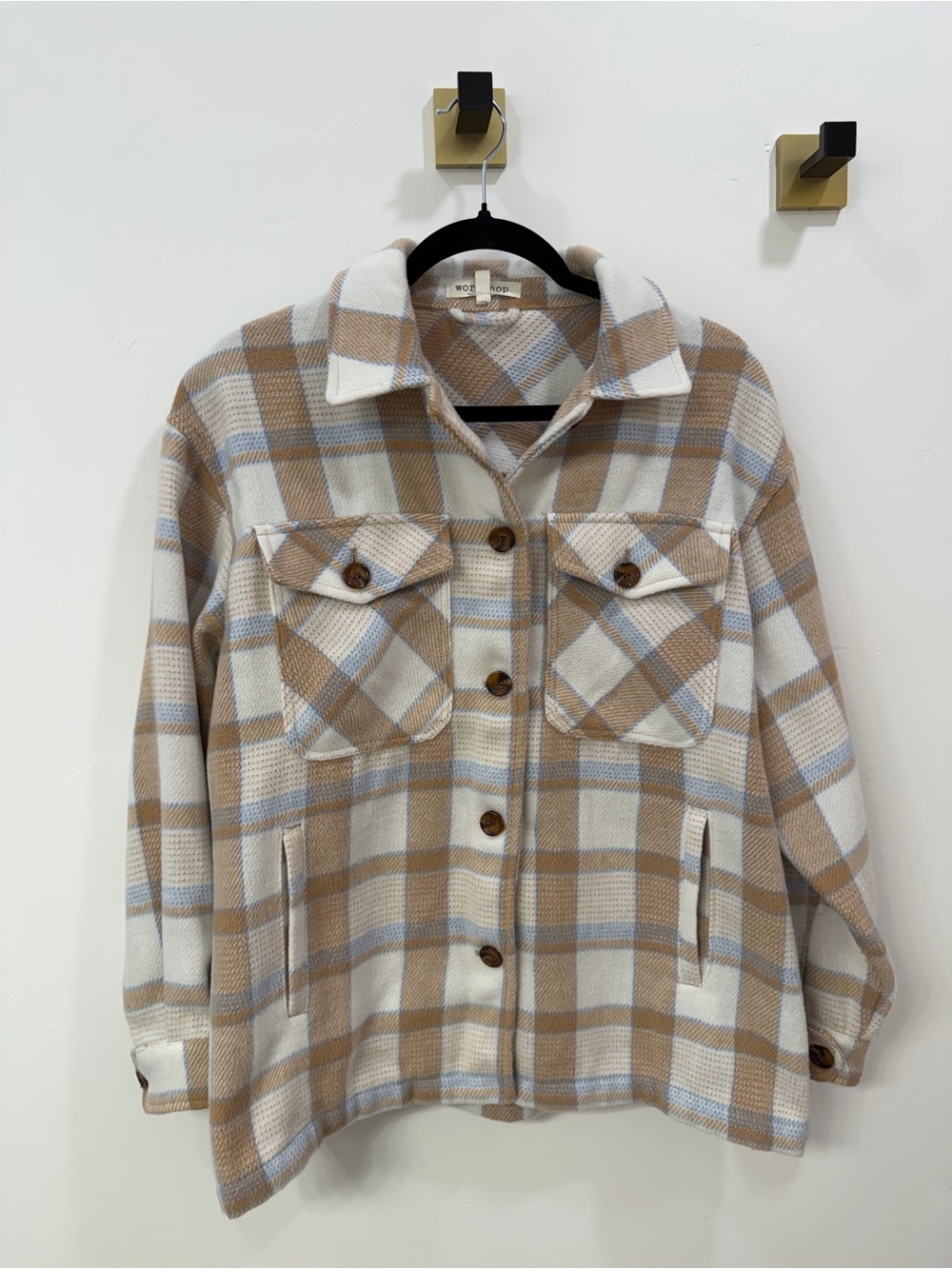 Woven Plaid Shacket Jacket - Cream, Tan, Light blue